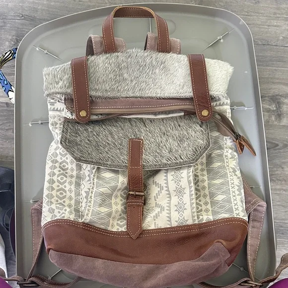 ? Myra Bag Gray and Brown Textured Backpack with Leather Accents Myra Bag Silvery Touch Cowhide Leather Backpack - Women main image 4
